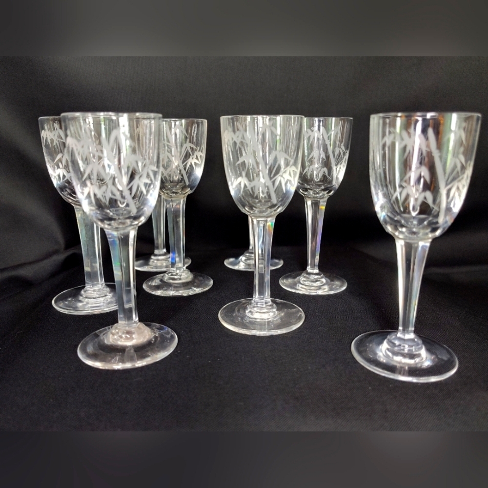 Noritake Sasuke Etched Crystal Bamboo Cordials Glasses, Set Of Eight, Japan